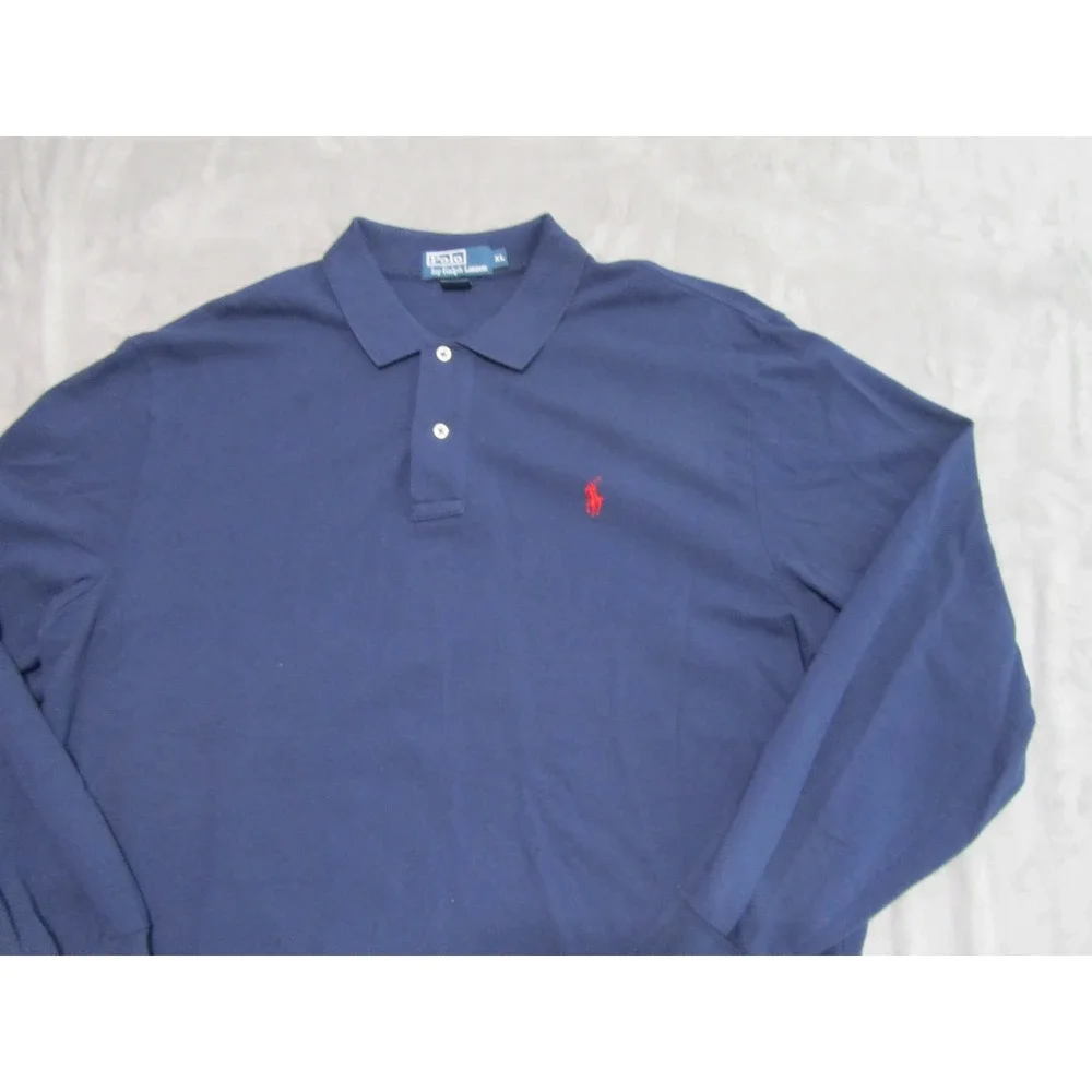 Polo‎ Ralph Lauren Mens XL Navy Blue Long Sleeve Pique Polo Shirt Red Pony Logo